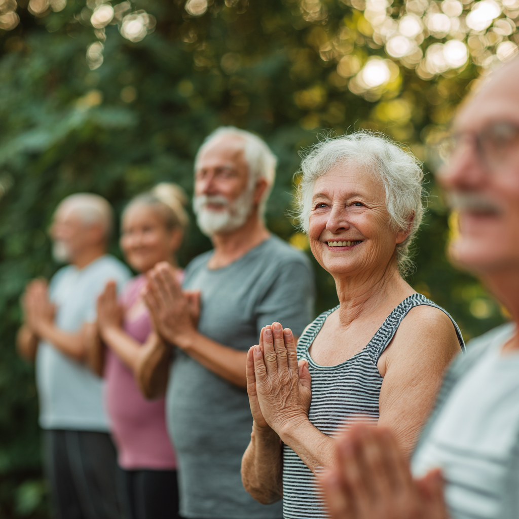 Smiling Slovak adults of various ages practicing yoga in a peaceful natural setting, demonstrating gentle poses and radiating contentment
