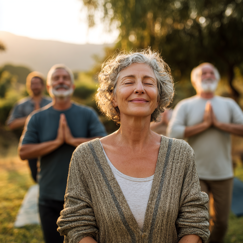 Group of cheerful Slovak adults demonstrating proper posture and stretching exercises, showing the contrast between healthy movement and prolonged sitting