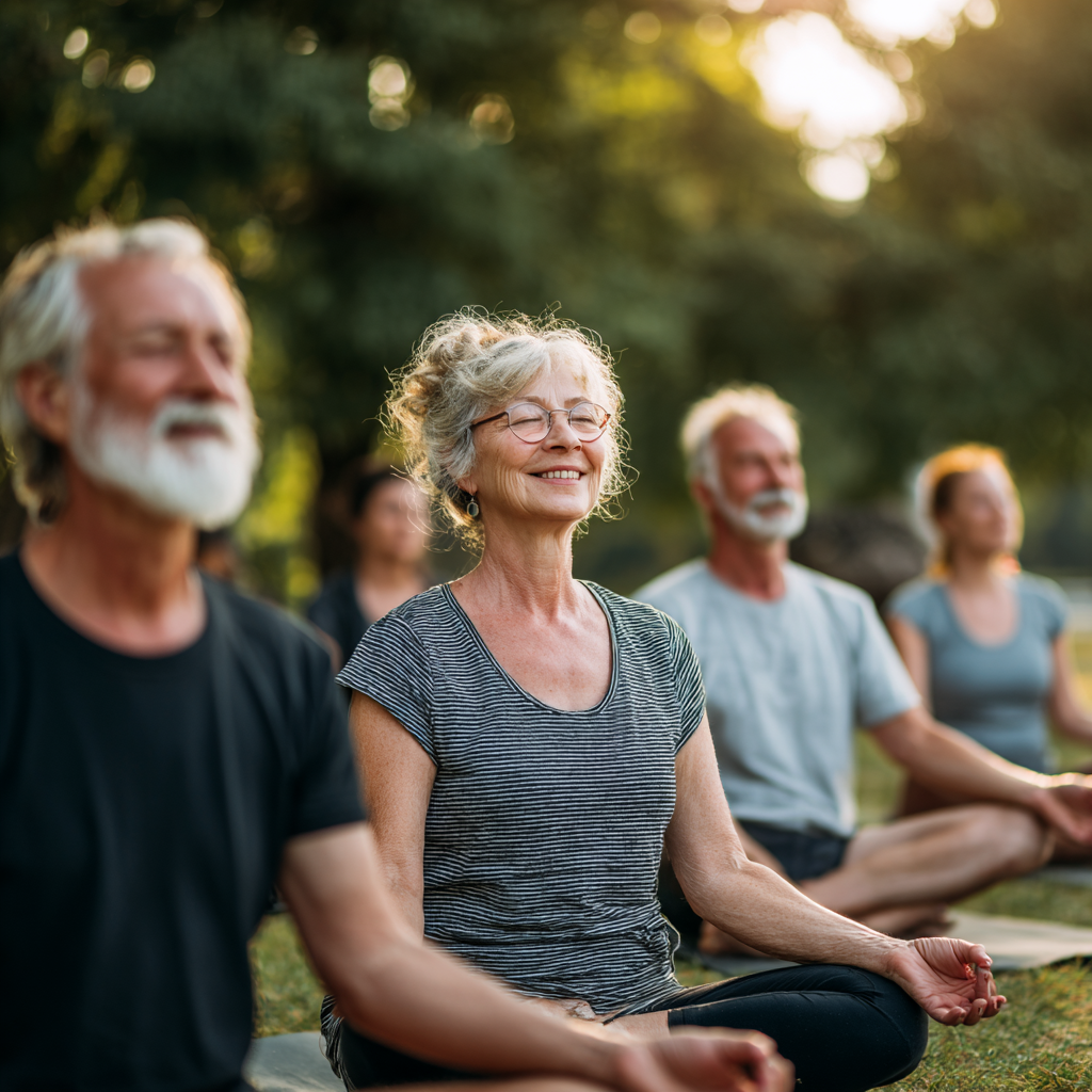 Happy Slovak adults of different ages enjoying healthy, colorful meals and practicing mindful eating in a peaceful, natural environment
